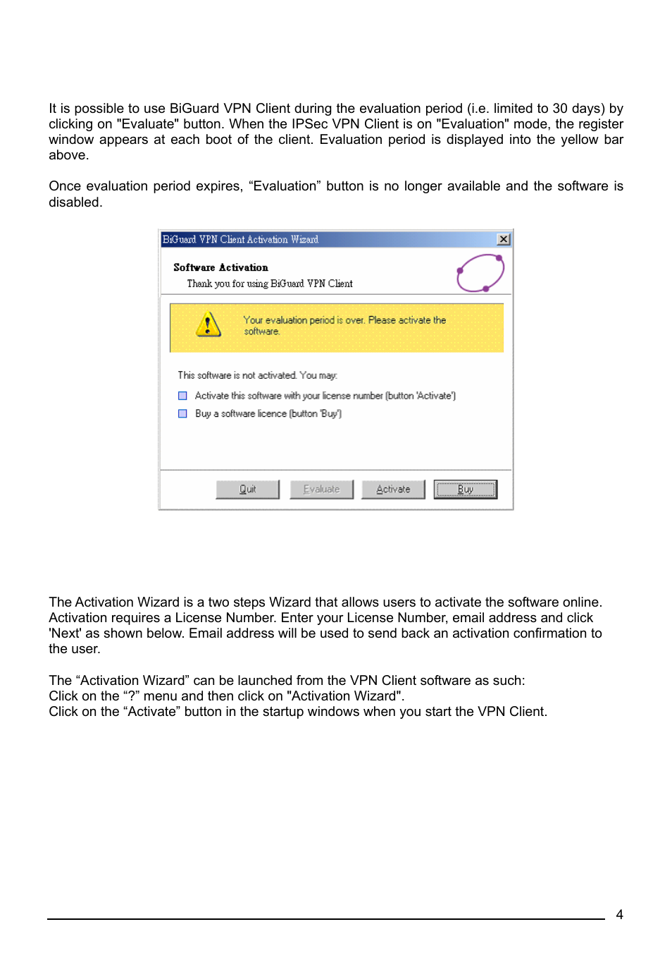 Software evaluation, Activation wizard, Two easy step wizard | Billion Electric Company CO1 User Manual | Page 7 / 42