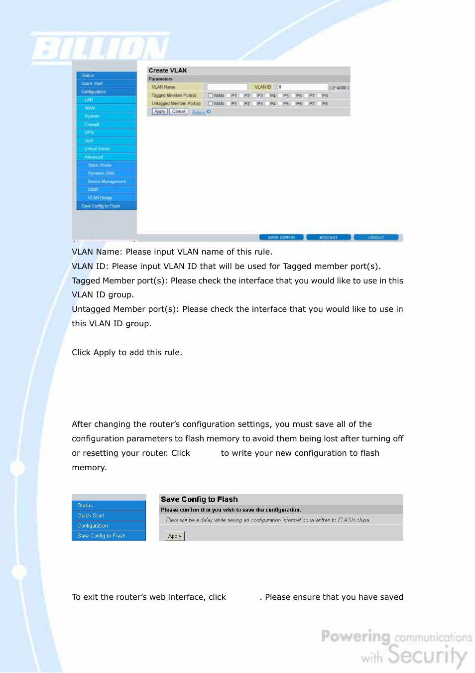 5 save configuration to flash, 6 logout | Billion Electric Company BiGuard 2 User Manual | Page 115 / 170