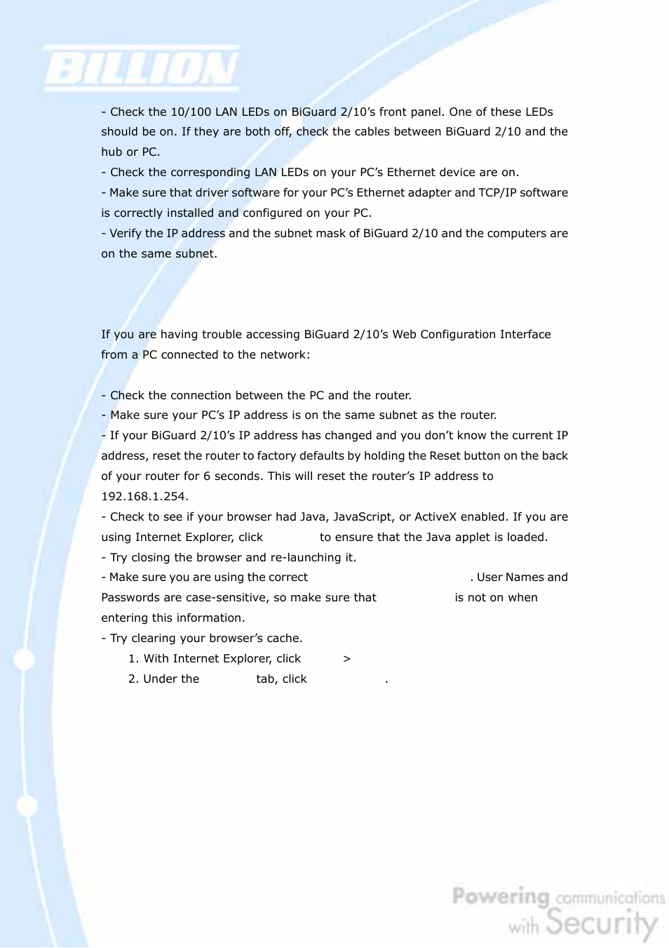 3 can’t access web configuration interface | Billion Electric Company BiGuard 2 User Manual | Page 119 / 170