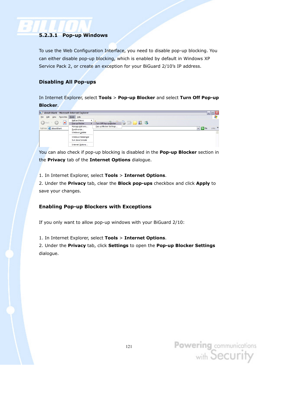 1 pop-up windows | Billion Electric Company BiGuard 2 User Manual | Page 121 / 170