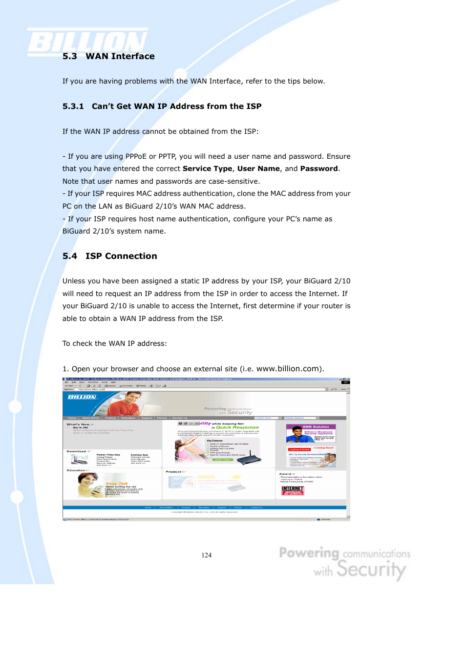 3 wan interface, 1 can’t get wan ip address from the isp, 4 isp connection | Billion Electric Company BiGuard 2 User Manual | Page 124 / 170