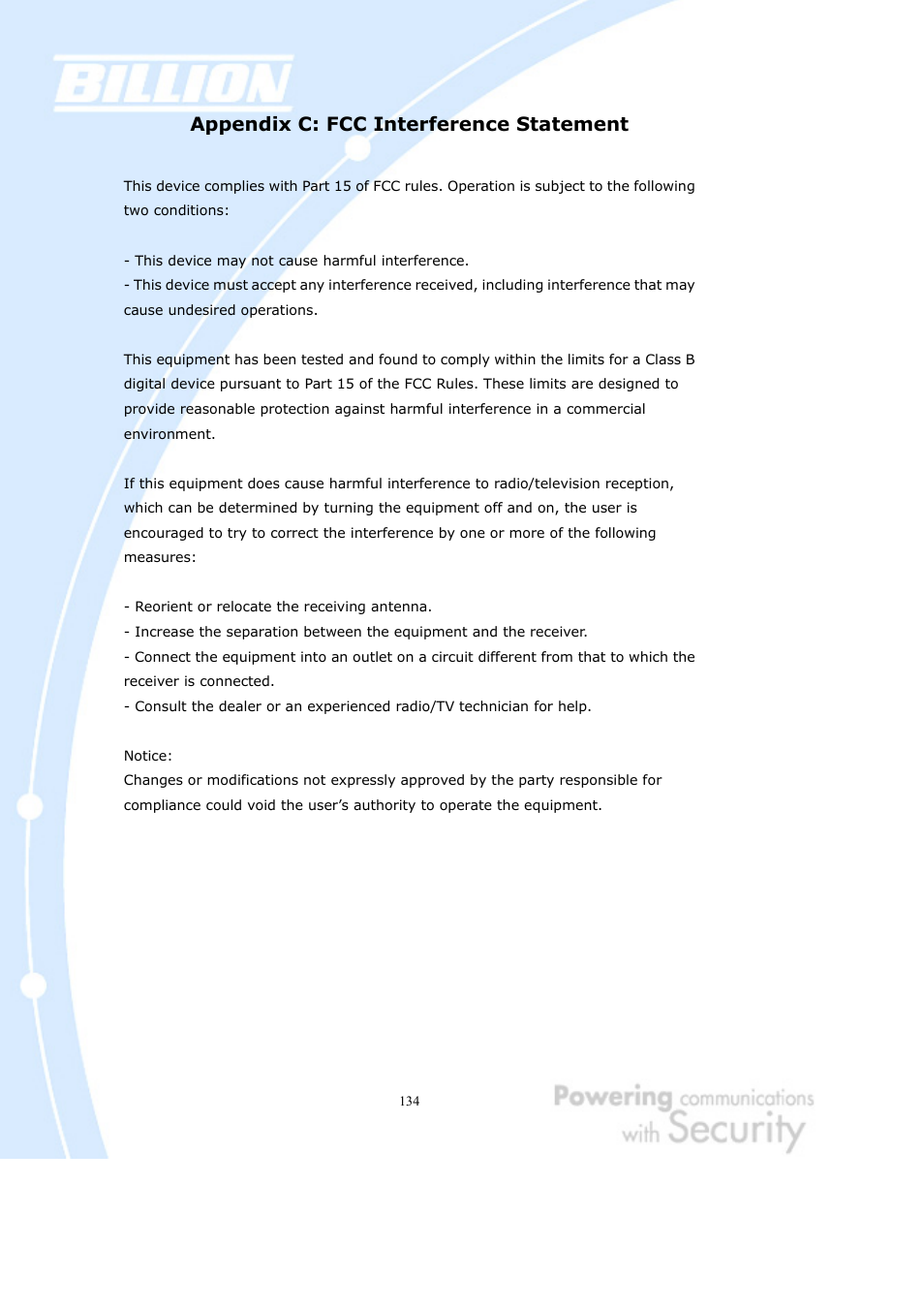 Appendix c: fcc interference statement | Billion Electric Company BiGuard 2 User Manual | Page 134 / 170