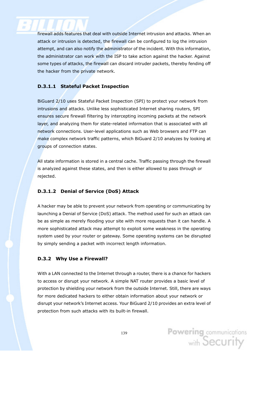 D.3.1.1 stateful packet inspection, D.3.1.2 denial of service (dos) attack, D.3.2 why use a firewall | Billion Electric Company BiGuard 2 User Manual | Page 139 / 170