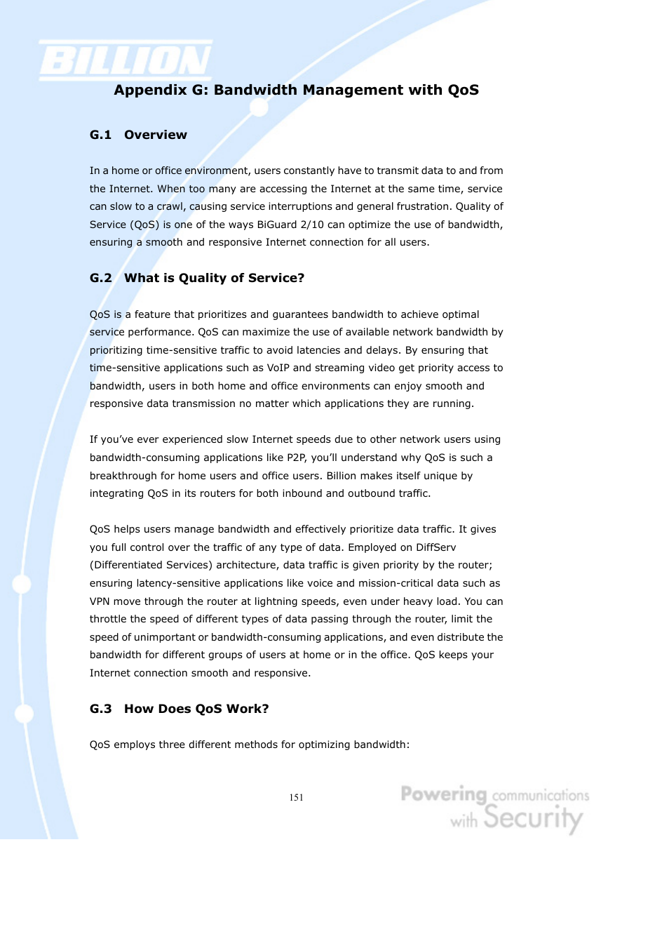 Appendix g: bandwidth management with qos, G.1 overview, G.2 what is quality of service | G.3 how does qos work | Billion Electric Company BiGuard 2 User Manual | Page 151 / 170