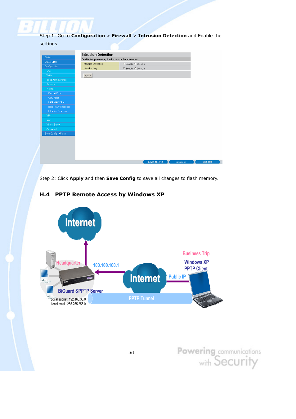 H.4 pptp remote access by windows xp, Internet | Billion Electric Company BiGuard 2 User Manual | Page 161 / 170