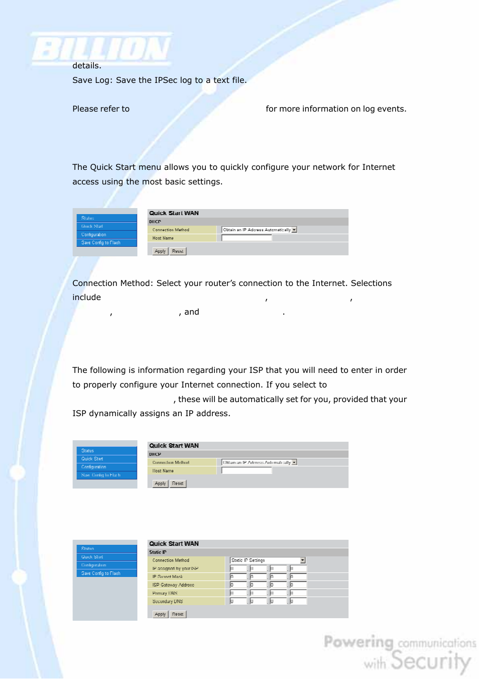 3 quick start, 1 dhcp, 2 static ip | Billion Electric Company BiGuard 2 User Manual | Page 62 / 170