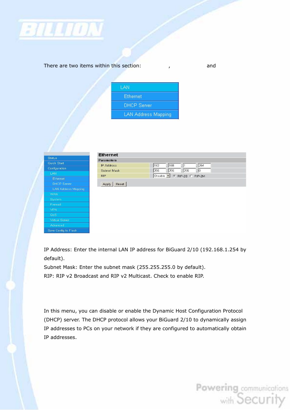 1 lan, 1 ethernet, 2 dhcp server | Billion Electric Company BiGuard 2 User Manual | Page 66 / 170