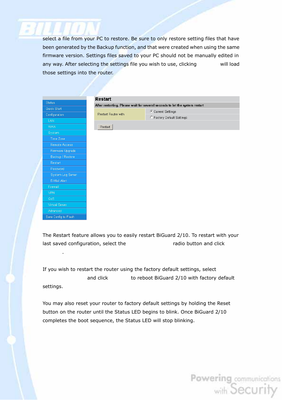 5 restart, 6 password | Billion Electric Company BiGuard 2 User Manual | Page 81 / 170