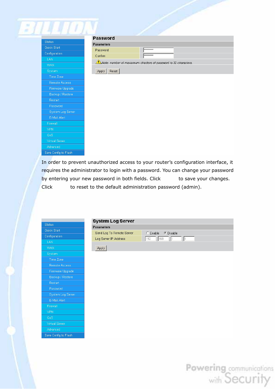 7 system log server | Billion Electric Company BiGuard 2 User Manual | Page 82 / 170