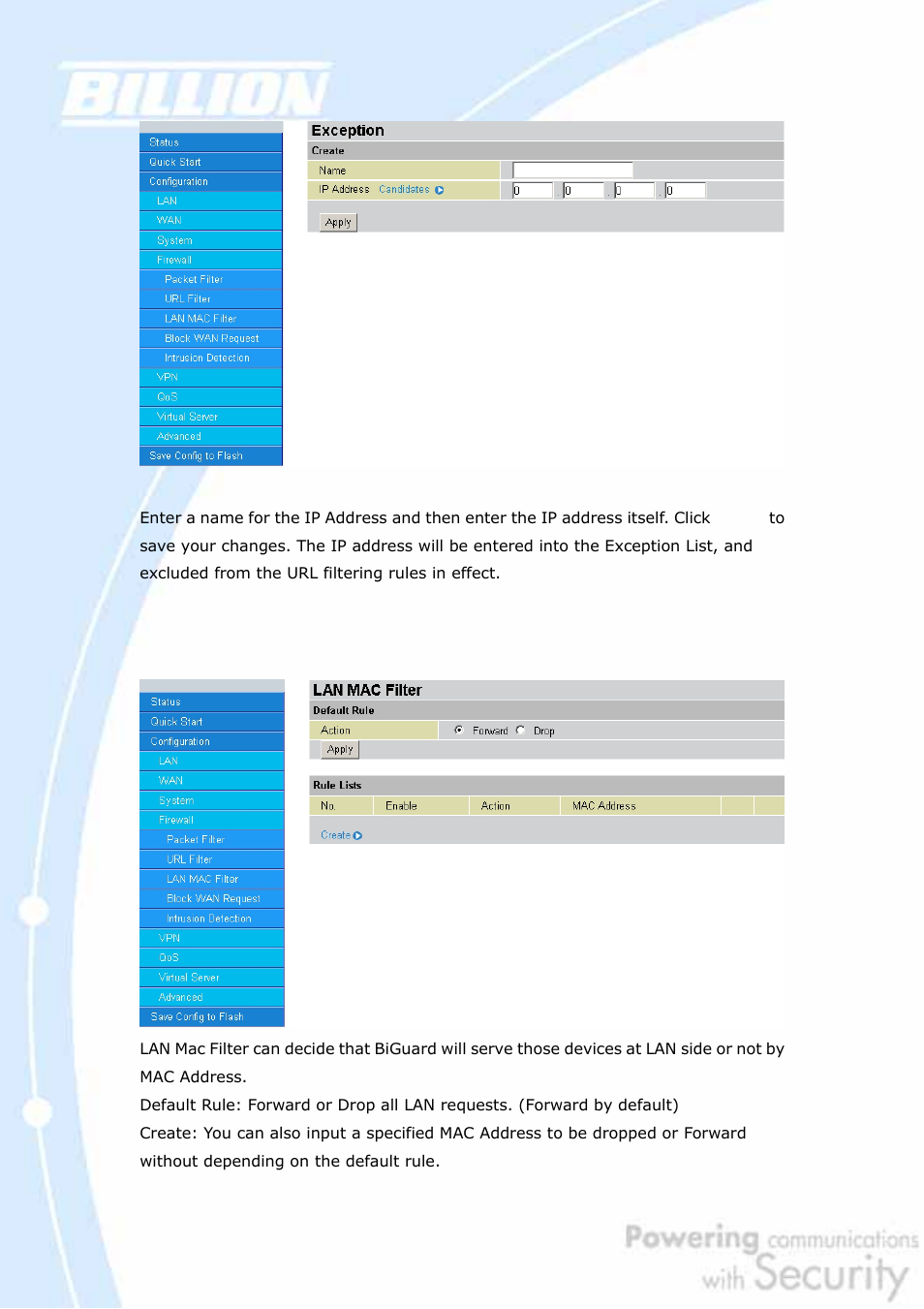 3 lan mac filter | Billion Electric Company BiGuard 2 User Manual | Page 89 / 170