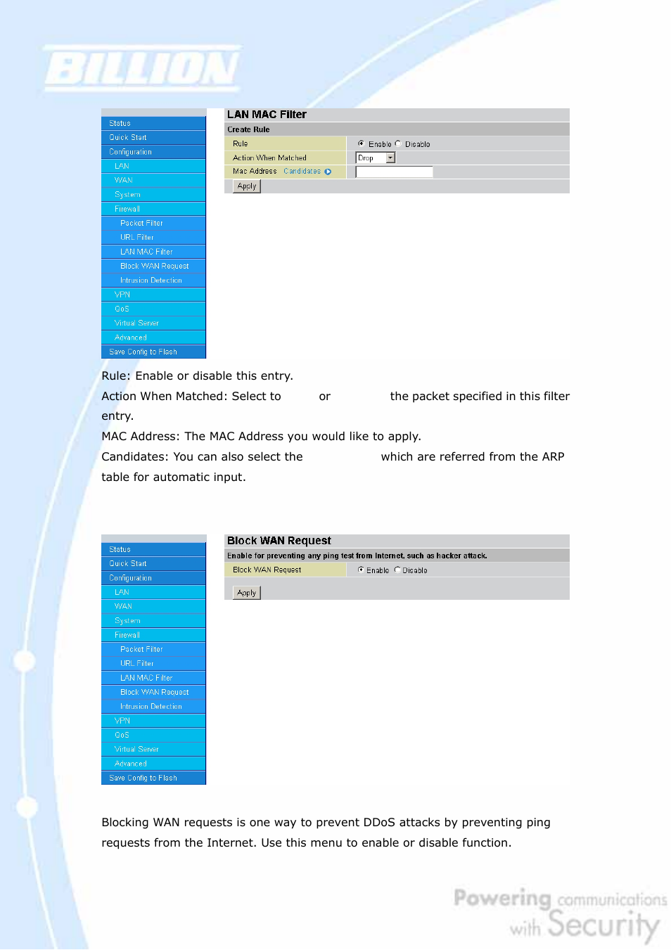 4 block wan request | Billion Electric Company BiGuard 2 User Manual | Page 90 / 170