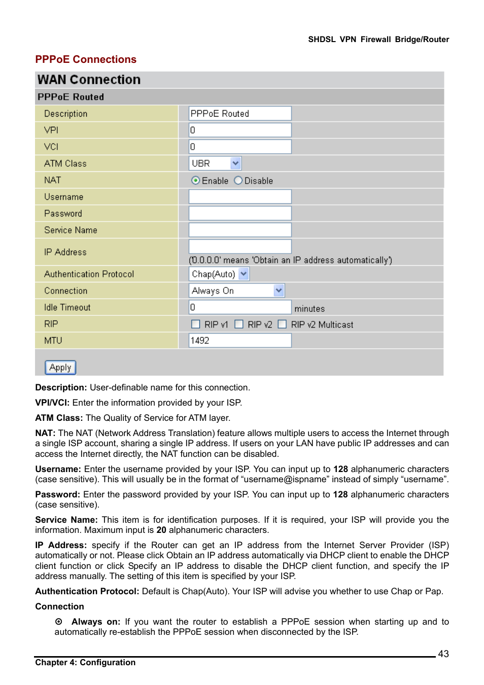 Pppoe connections | Billion Electric Company BIPAC 8501 User Manual | Page 44 / 134