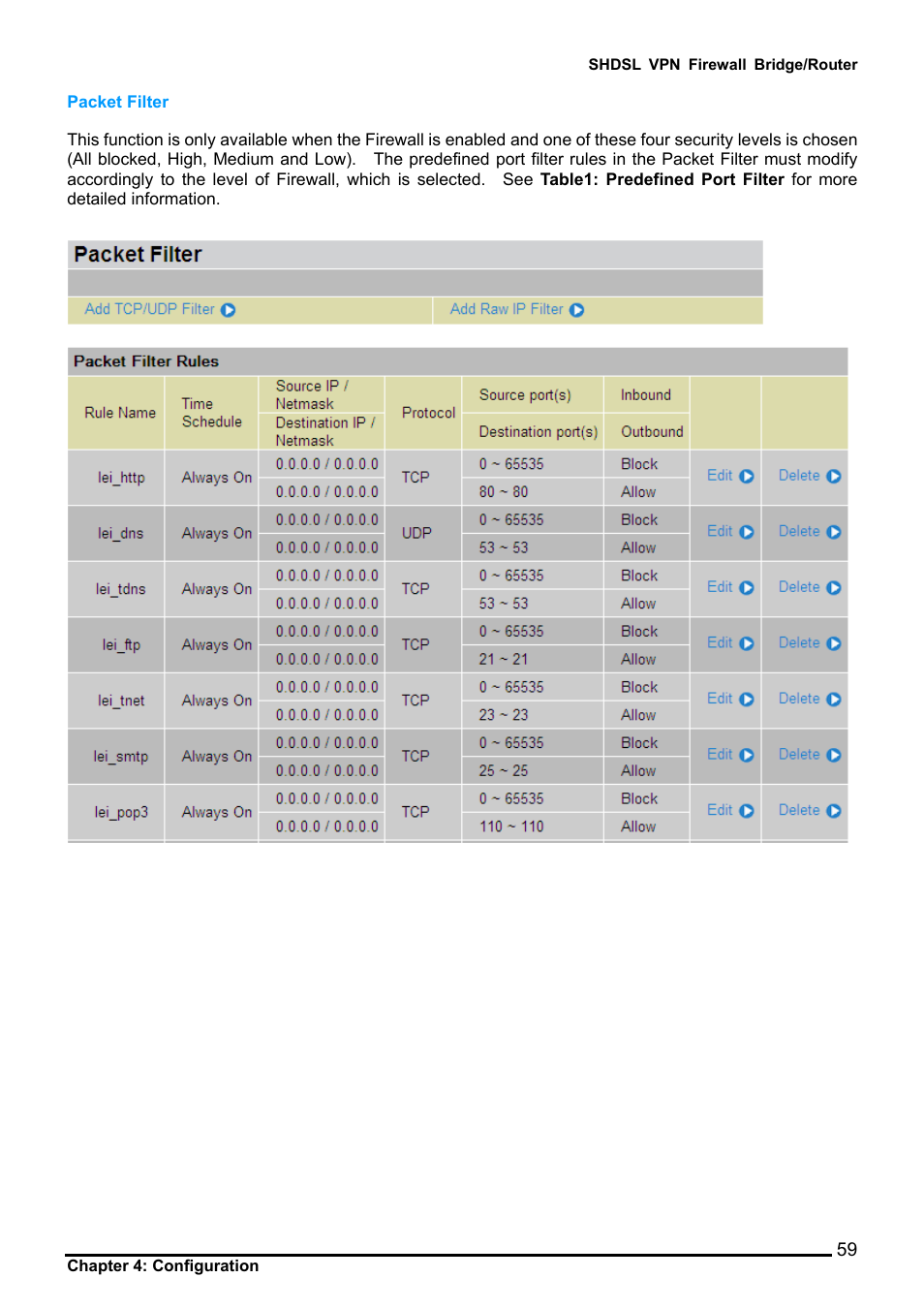 Packet filter | Billion Electric Company BIPAC 8501 User Manual | Page 60 / 134