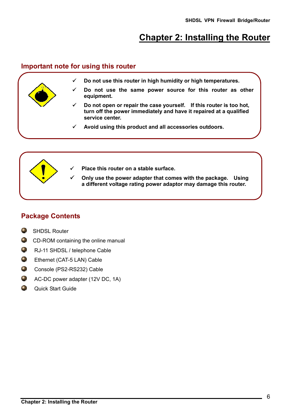 Important note for using this router, Package contents, Chapter 2: installing the router | Mportant note for using this router, Ackage, Ontents | Billion Electric Company BIPAC 8501 User Manual | Page 7 / 134