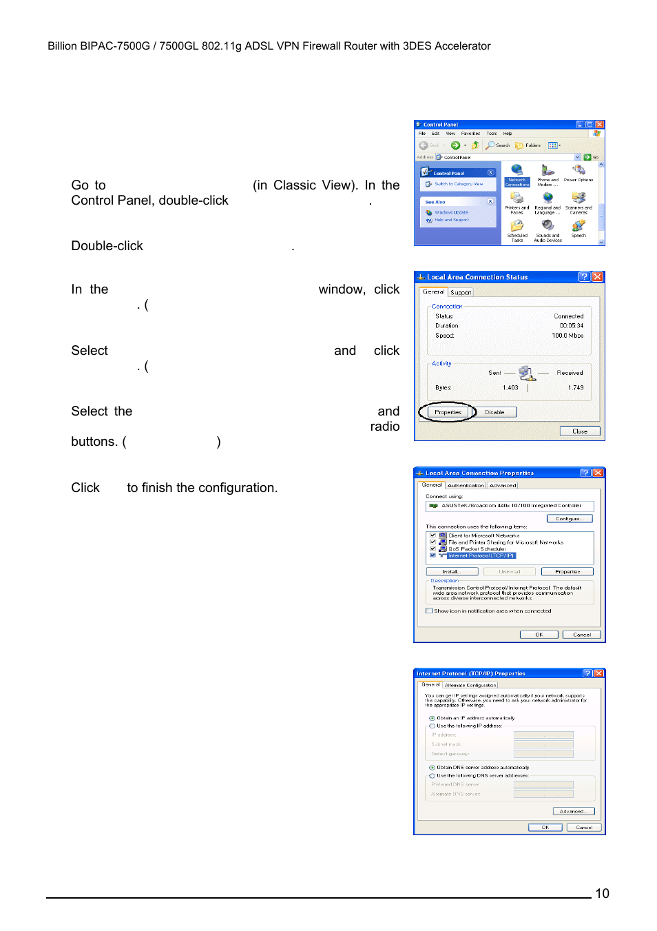 Configuring pcs in windows, For windows xp, Onfiguring | S in, Indows, Configuring pcs in windows for windows xp | Billion Electric Company BILLION BIPAC-7500GL User Manual | Page 16 / 126