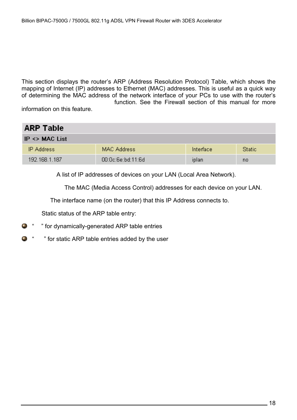 Status, Arp table, Tatus | Status arp table | Billion Electric Company BILLION BIPAC-7500GL User Manual | Page 24 / 126