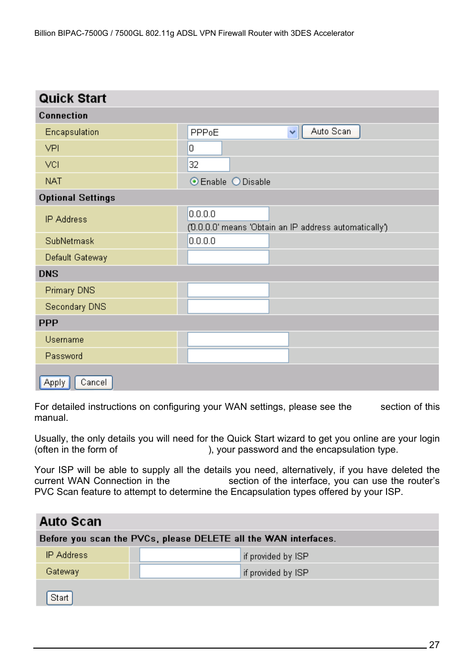 Quick start, Uick, Tart | Billion Electric Company BILLION BIPAC-7500GL User Manual | Page 33 / 126