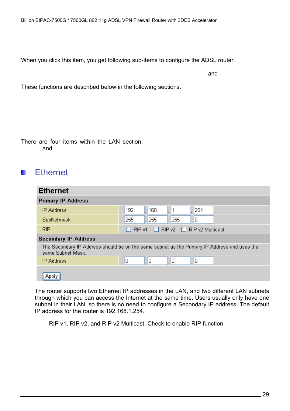 Configuration, Lan (local area network), Ethernet | Onfiguration | Billion Electric Company BILLION BIPAC-7500GL User Manual | Page 35 / 126