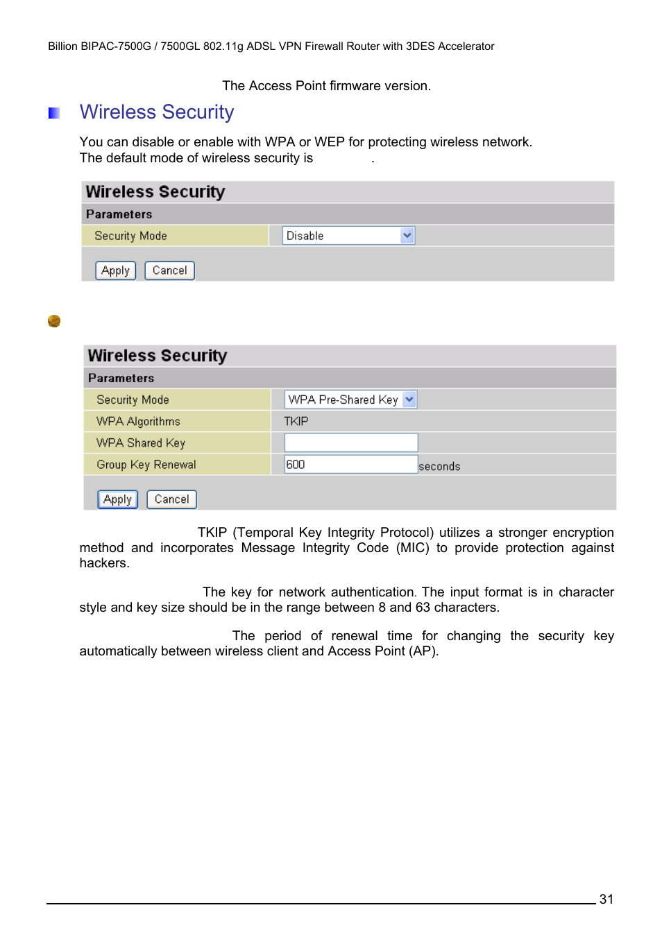 Wireless security, Wpa pre-shared key | Billion Electric Company BILLION BIPAC-7500GL User Manual | Page 37 / 126