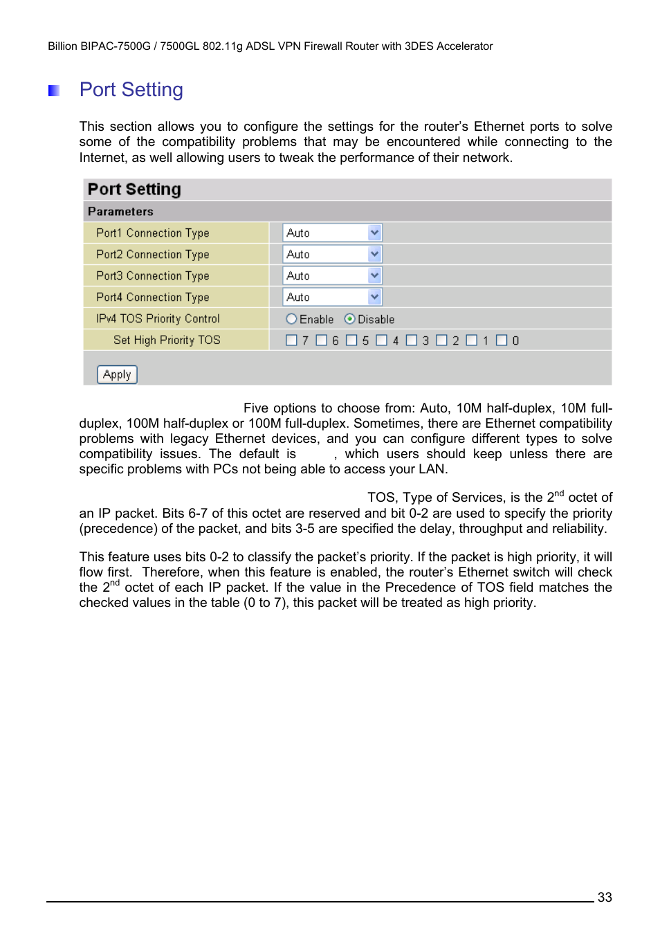 Port setting | Billion Electric Company BILLION BIPAC-7500GL User Manual | Page 39 / 126