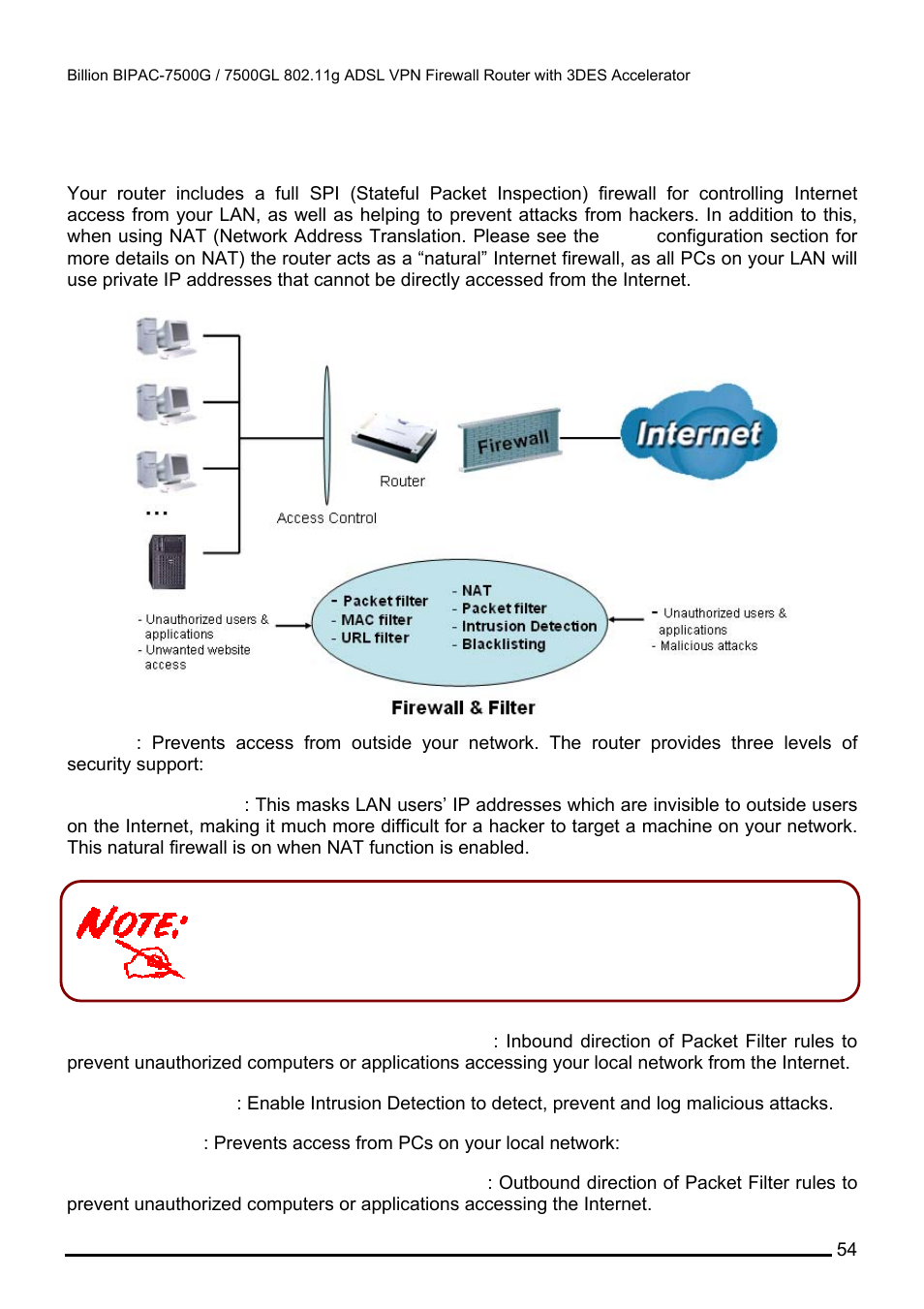 Firewall and access control | Billion Electric Company BILLION BIPAC-7500GL User Manual | Page 60 / 126