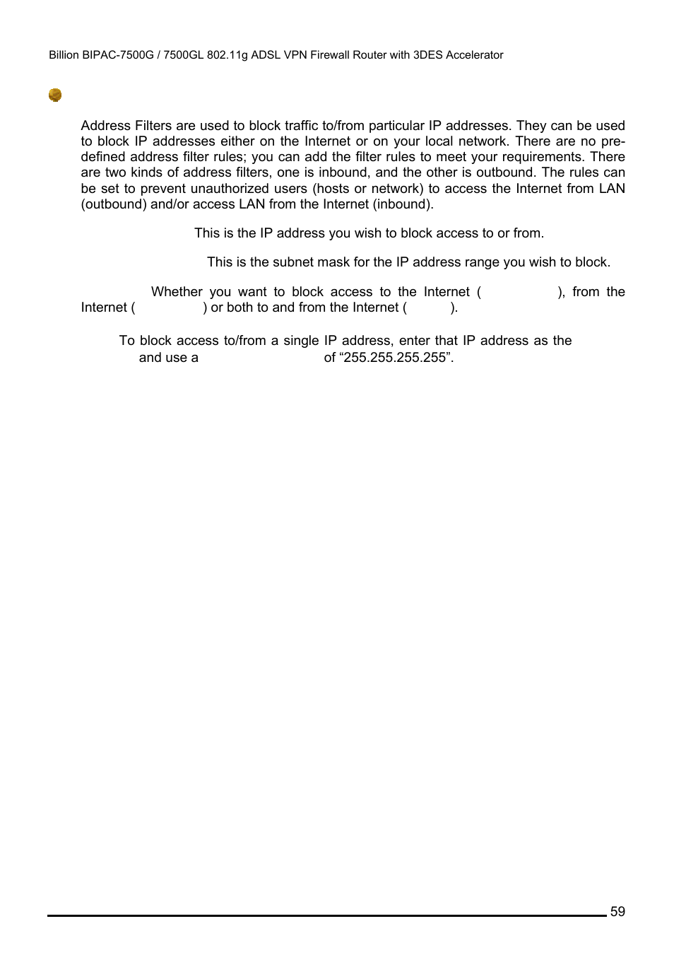 Address filters | Billion Electric Company BILLION BIPAC-7500GL User Manual | Page 65 / 126