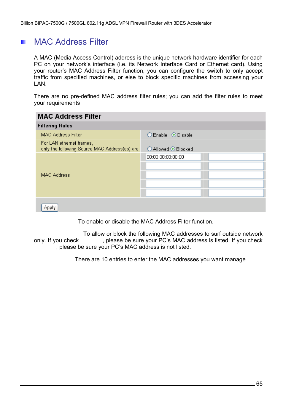 Mac address filter | Billion Electric Company BILLION BIPAC-7500GL User Manual | Page 71 / 126