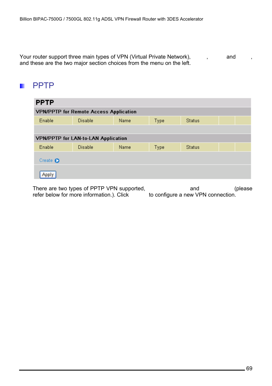 Vpn (virtual private networks), Pptp | Billion Electric Company BILLION BIPAC-7500GL User Manual | Page 75 / 126