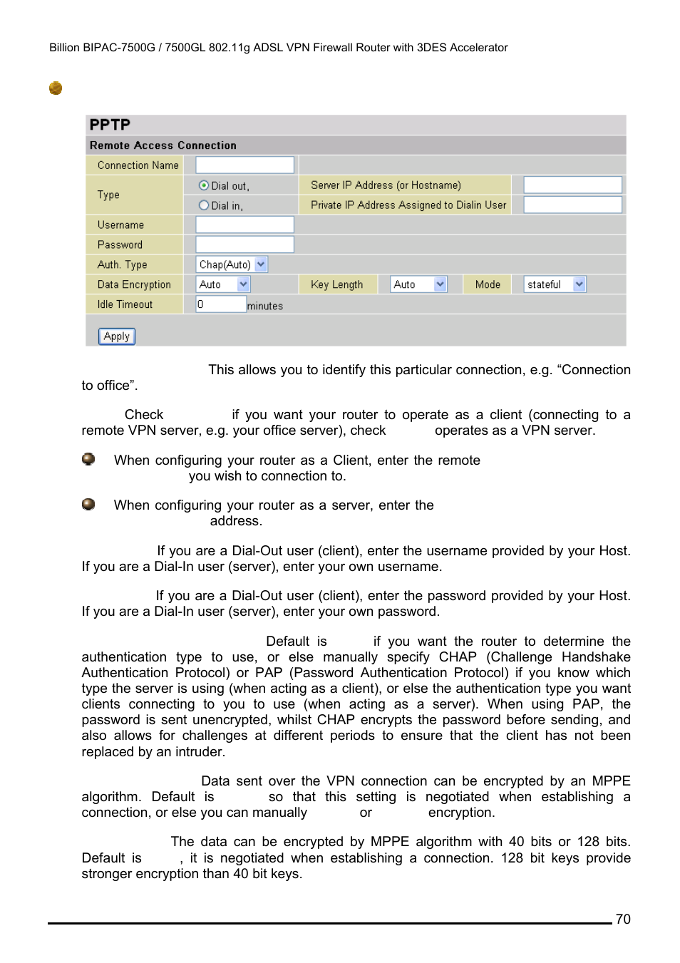 Remote access pptp connection | Billion Electric Company BILLION BIPAC-7500GL User Manual | Page 76 / 126