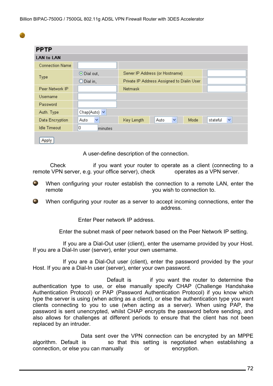 Lan to lan pptp connection | Billion Electric Company BILLION BIPAC-7500GL User Manual | Page 78 / 126