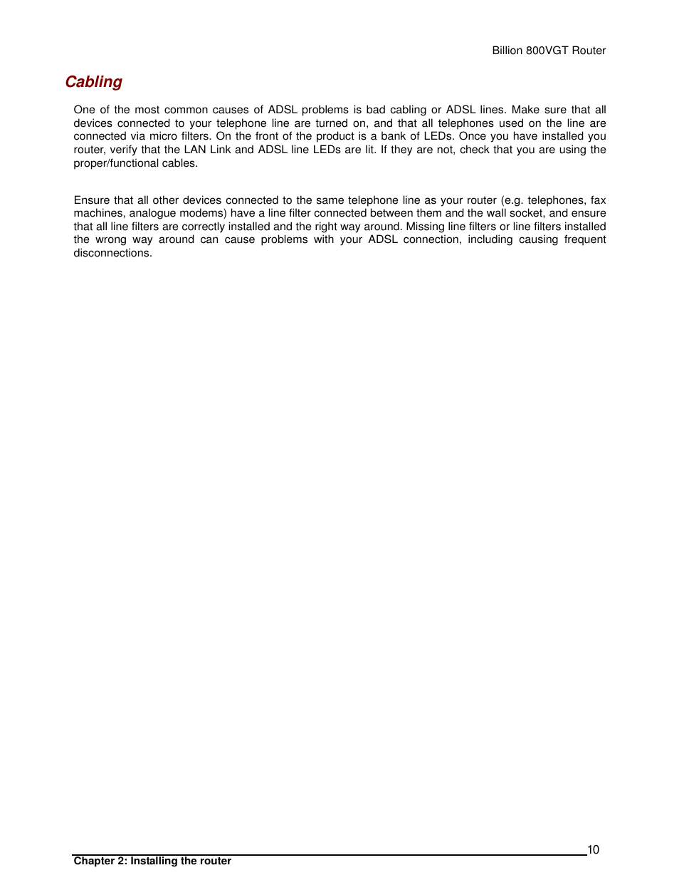 Cabling | Billion Electric Company 800VGT User Manual | Page 10 / 143