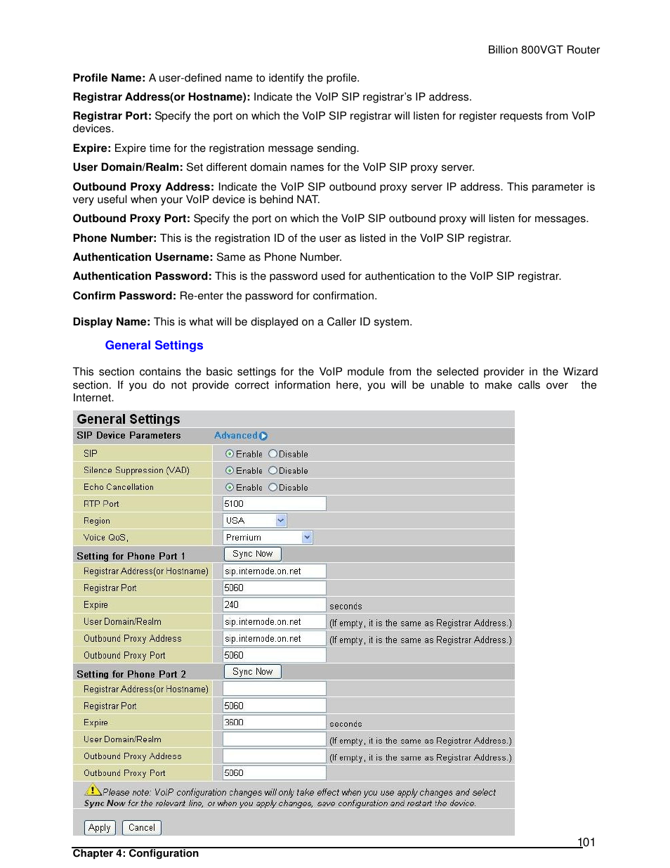 General settings | Billion Electric Company 800VGT User Manual | Page 101 / 143