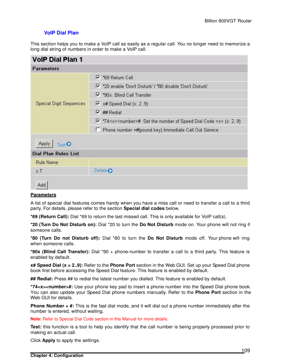 Voip dial plan | Billion Electric Company 800VGT User Manual | Page 109 / 143