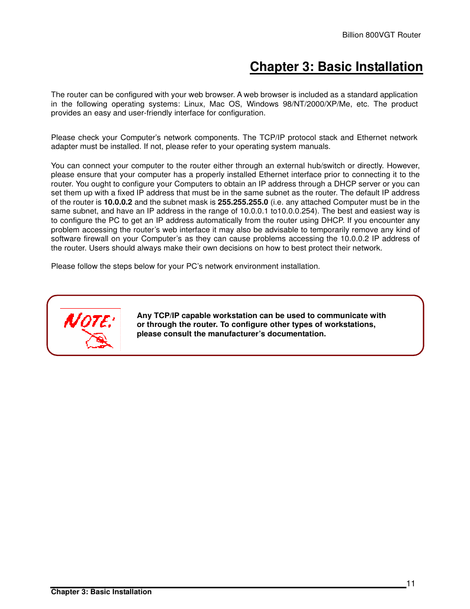 Chapter 3: basic installation | Billion Electric Company 800VGT User Manual | Page 11 / 143
