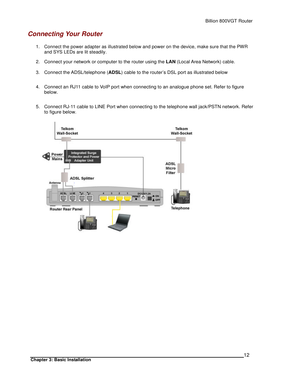Connecting your router | Billion Electric Company 800VGT User Manual | Page 12 / 143