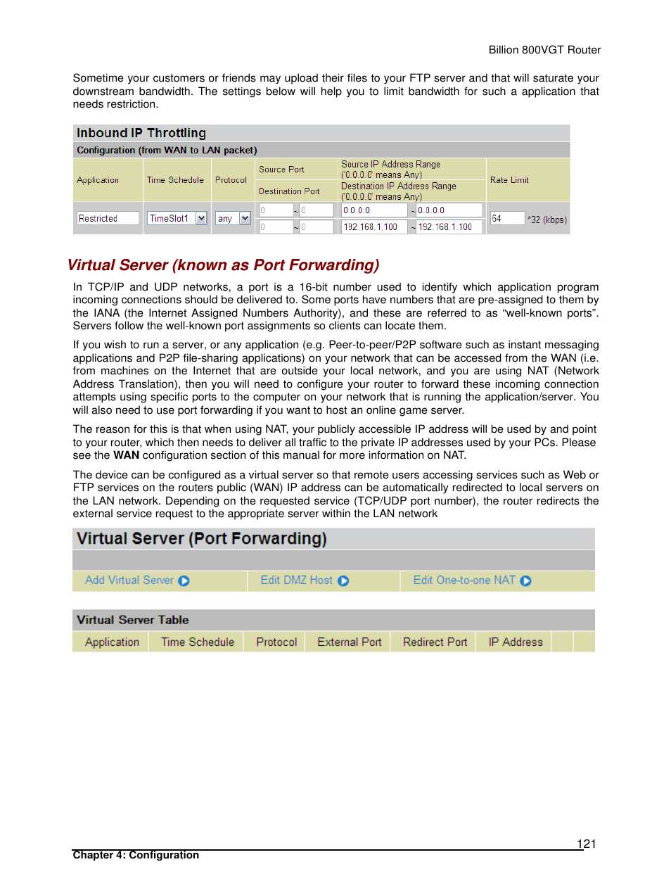 Virtual server (known as port forwarding) | Billion Electric Company 800VGT User Manual | Page 121 / 143