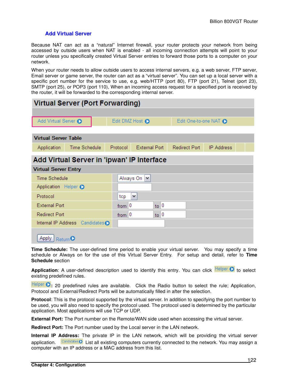 Add virtual server | Billion Electric Company 800VGT User Manual | Page 122 / 143