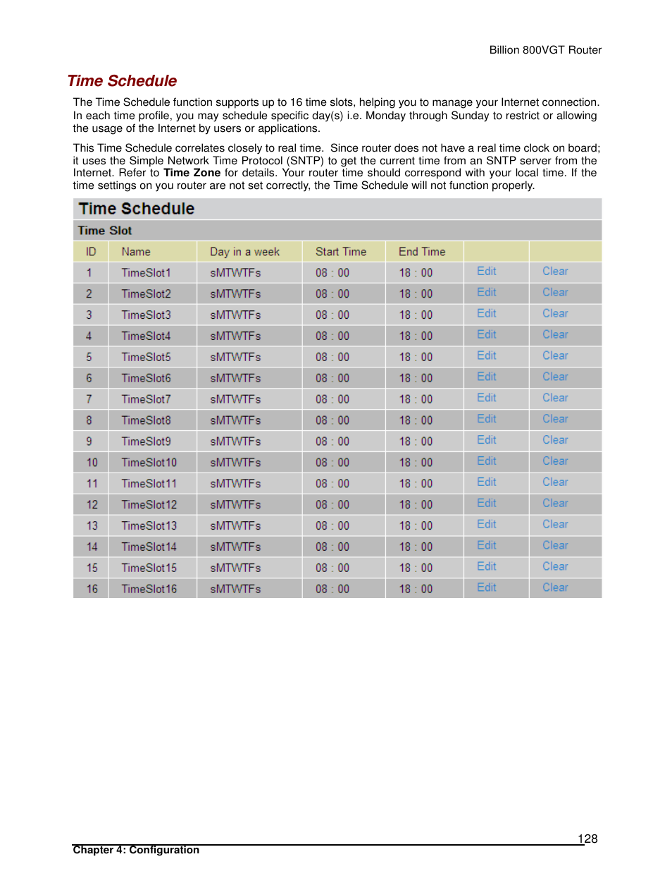 Time schedule | Billion Electric Company 800VGT User Manual | Page 128 / 143