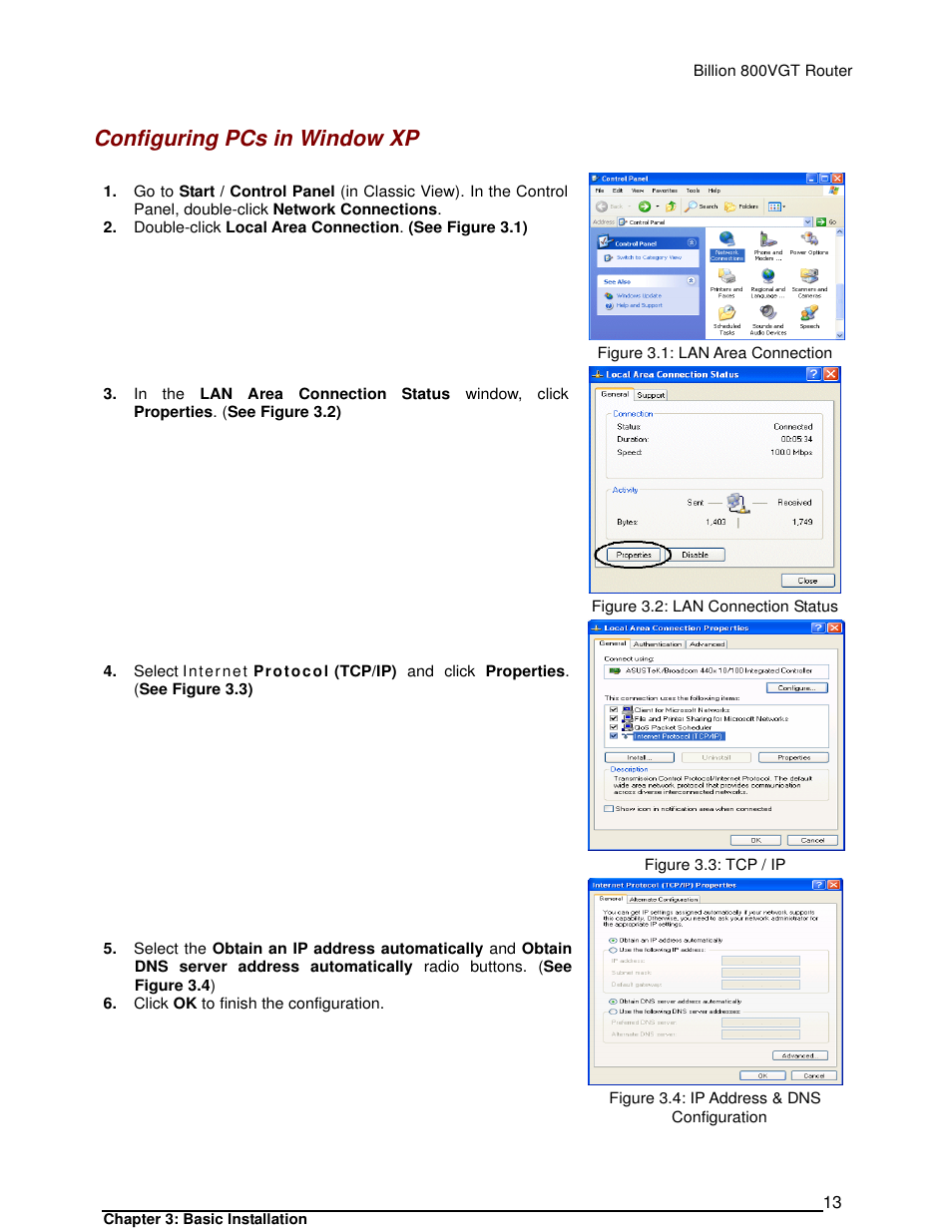 Configuring pcs in window xp | Billion Electric Company 800VGT User Manual | Page 13 / 143