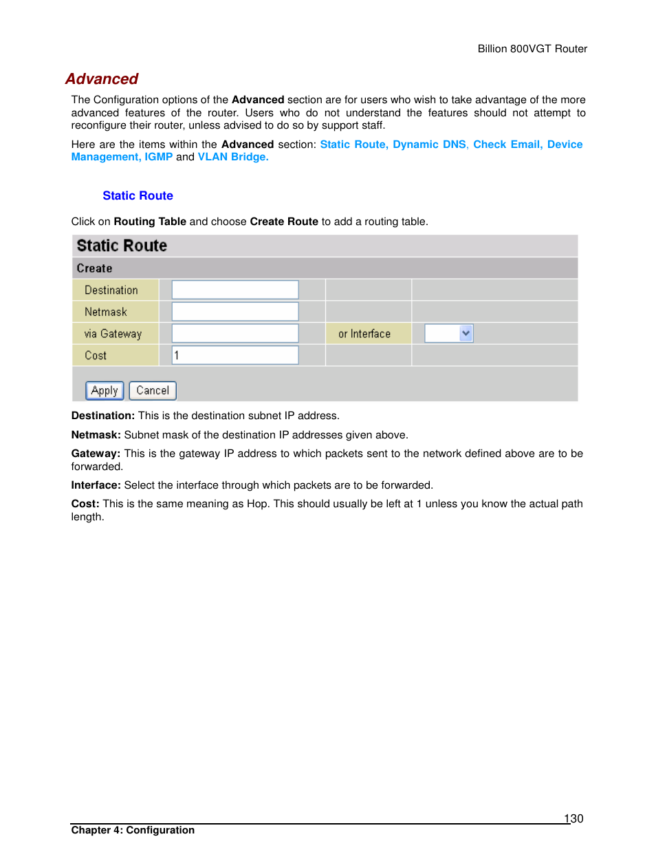 Advanced | Billion Electric Company 800VGT User Manual | Page 130 / 143