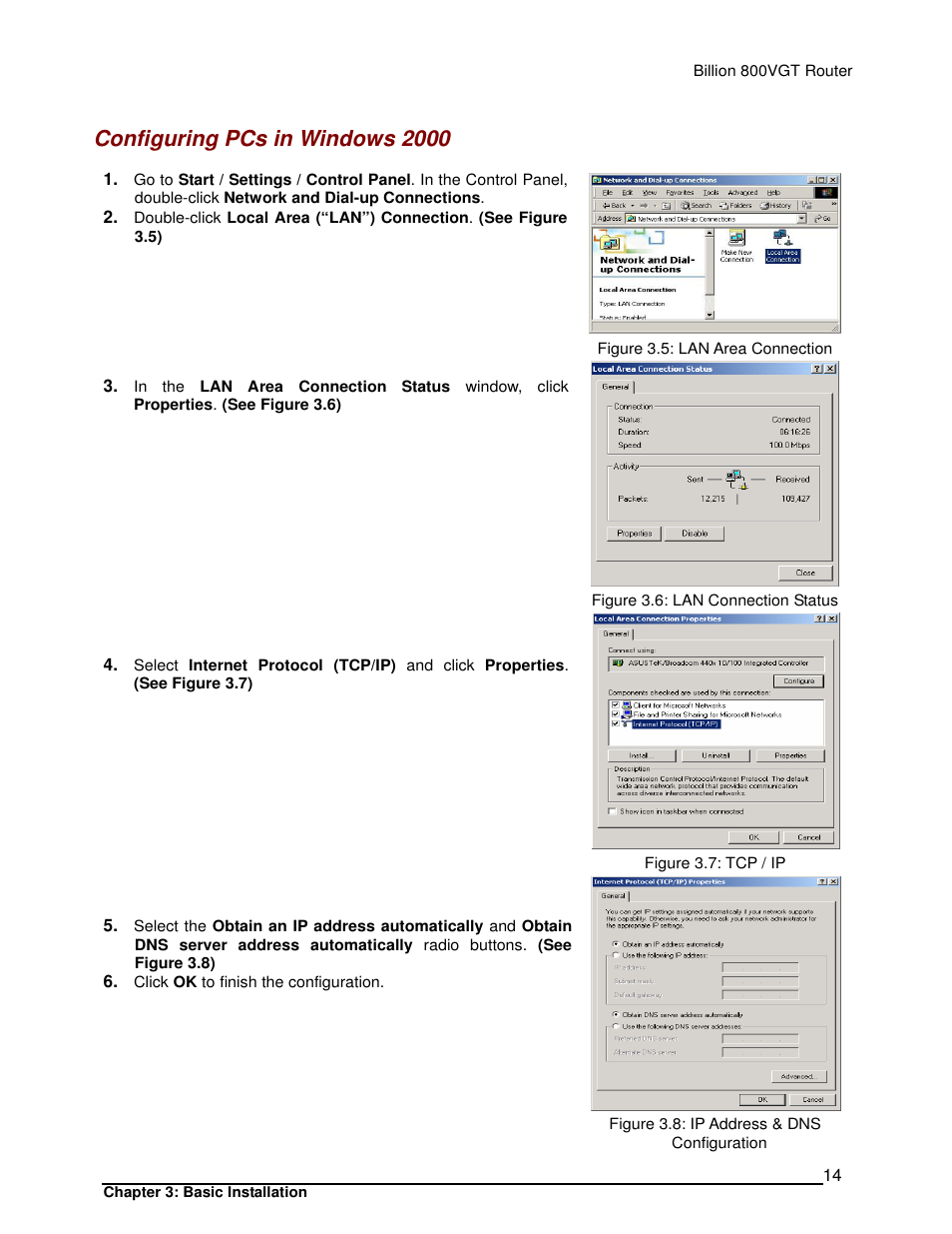 Configuring pcs in windows 2000 | Billion Electric Company 800VGT User Manual | Page 14 / 143