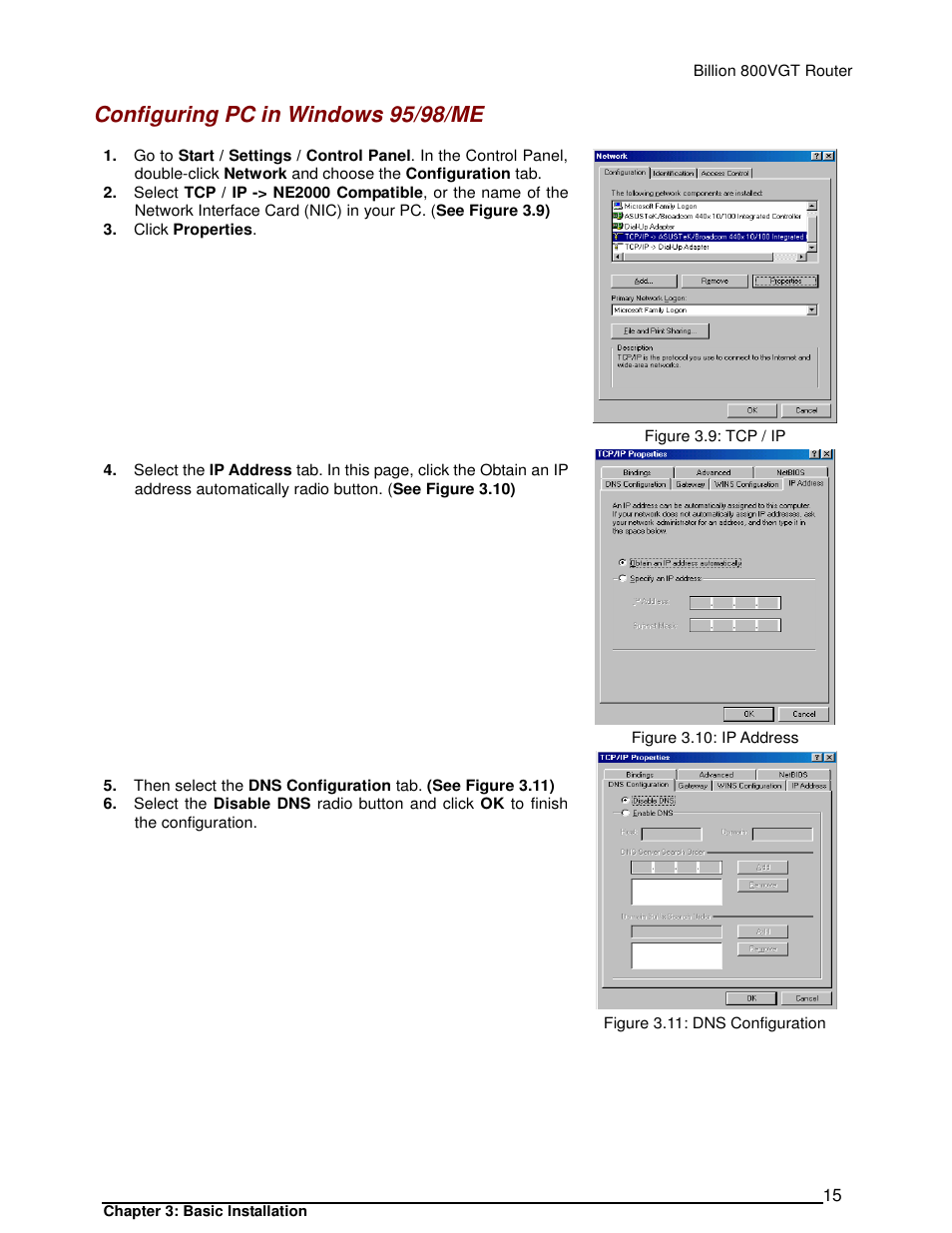 Configuring pc in windows 95/98/me | Billion Electric Company 800VGT User Manual | Page 15 / 143