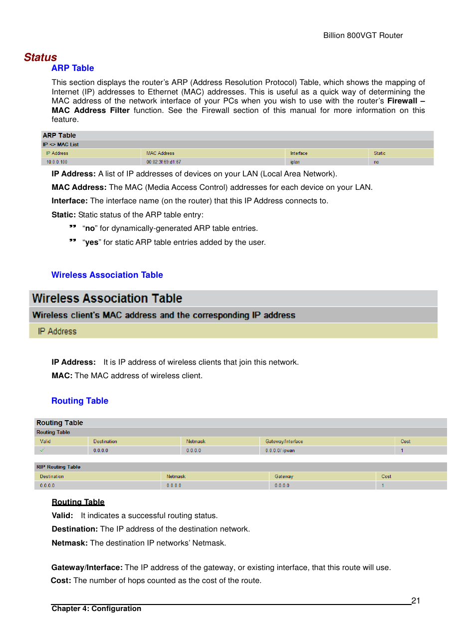 Status | Billion Electric Company 800VGT User Manual | Page 21 / 143