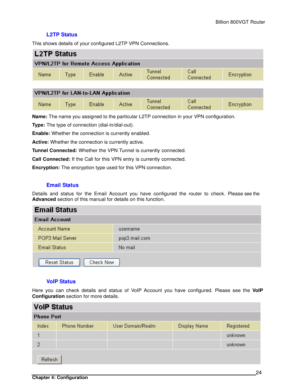 L2tp status, Email status, Voip status | Billion Electric Company 800VGT User Manual | Page 24 / 143