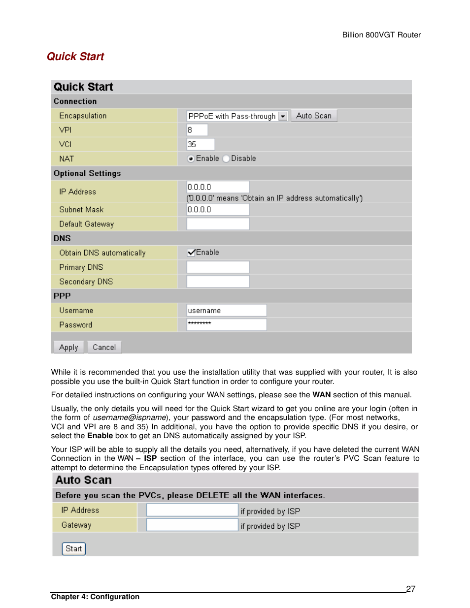 Quick start | Billion Electric Company 800VGT User Manual | Page 27 / 143