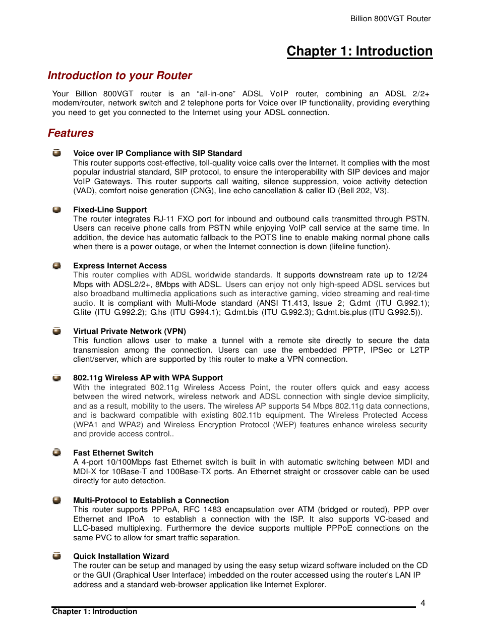 Chapter 1: introduction, Introduction to your router, Features | Billion Electric Company 800VGT User Manual | Page 4 / 143