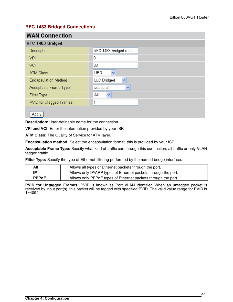 Rfc 1483 bridged connections | Billion Electric Company 800VGT User Manual | Page 41 / 143