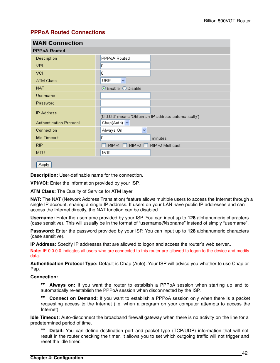 Pppoa routed connections | Billion Electric Company 800VGT User Manual | Page 42 / 143