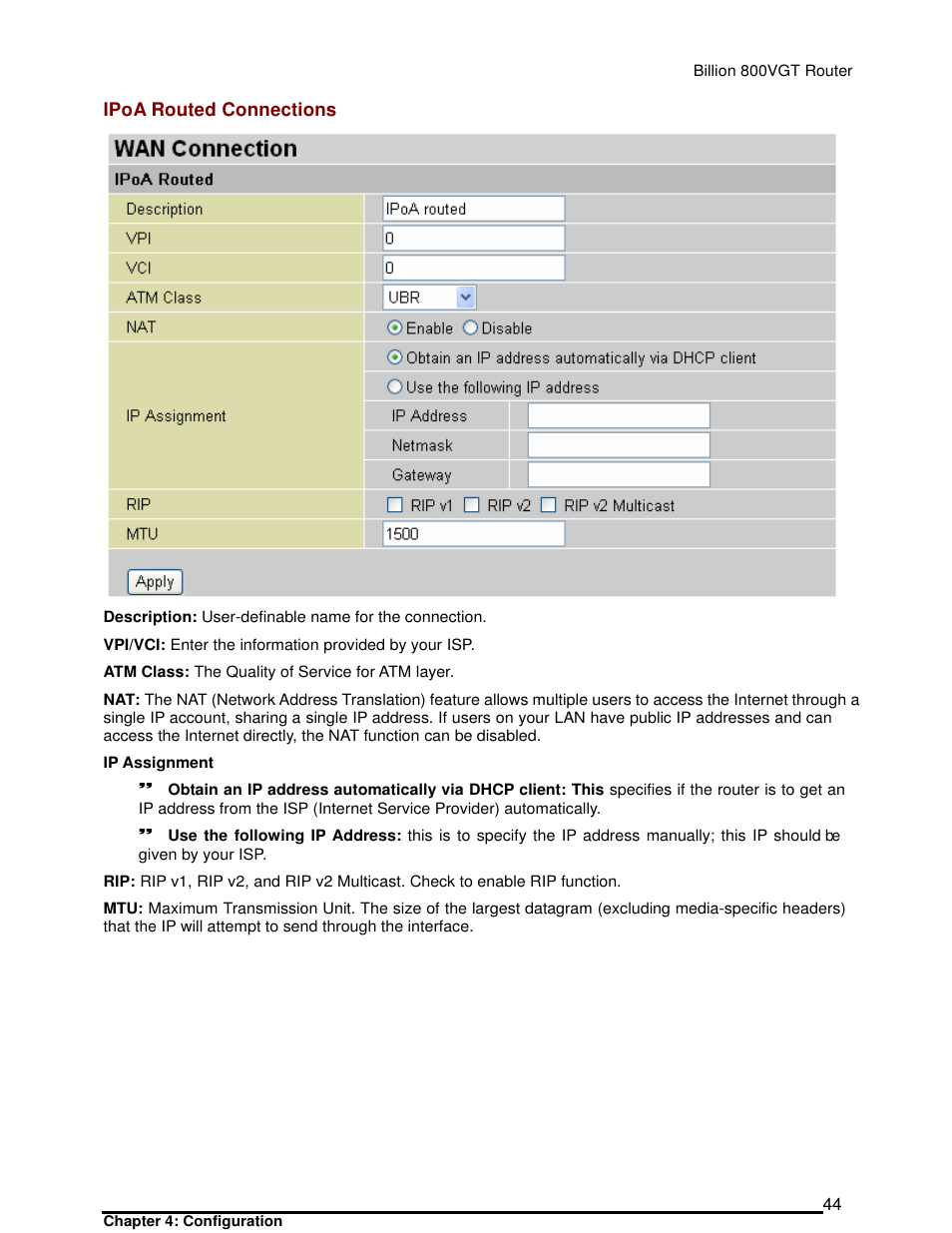 Ipoa routed connections | Billion Electric Company 800VGT User Manual | Page 44 / 143