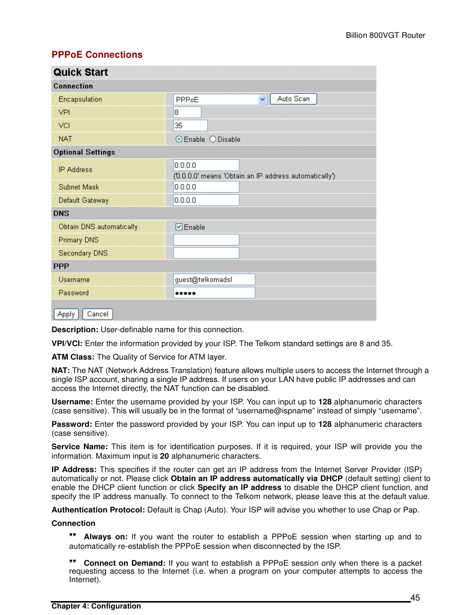 Pppoe connections | Billion Electric Company 800VGT User Manual | Page 45 / 143